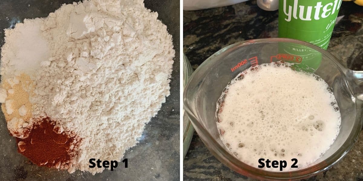 Photos of onion rings dry ingredients in a bowl and the wet ingredients in a large mixing cup.