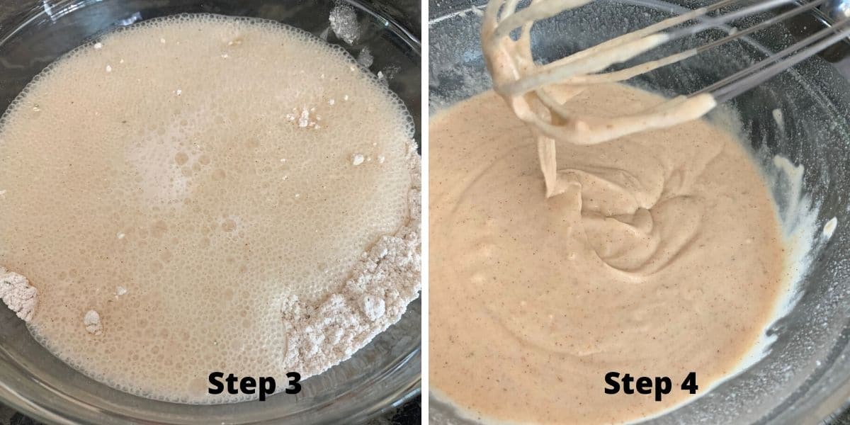 Photos of making the creamy batter to dip the onions into.