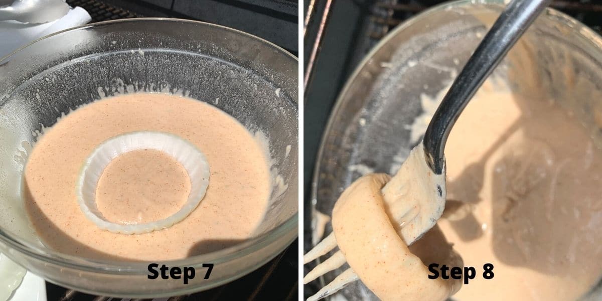 Photos of coating the onion rings in the batter.