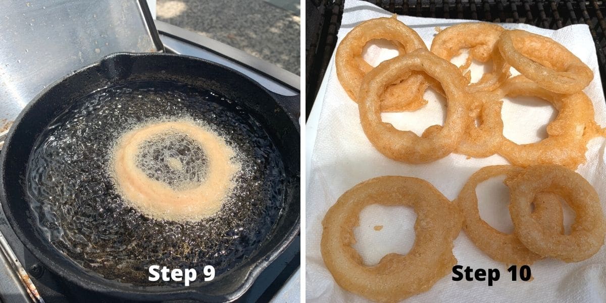 A photo of an onion ring frying in oil and a stack of fried onion rings on a paper towel.