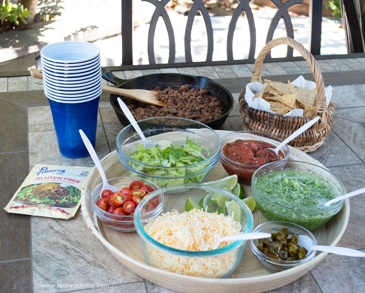 A walking taco bar on our patio table.