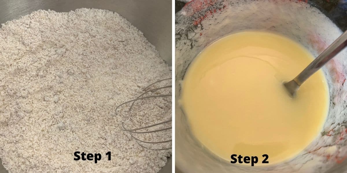Photos of steps 1 and 2 making white chocolate brownies.