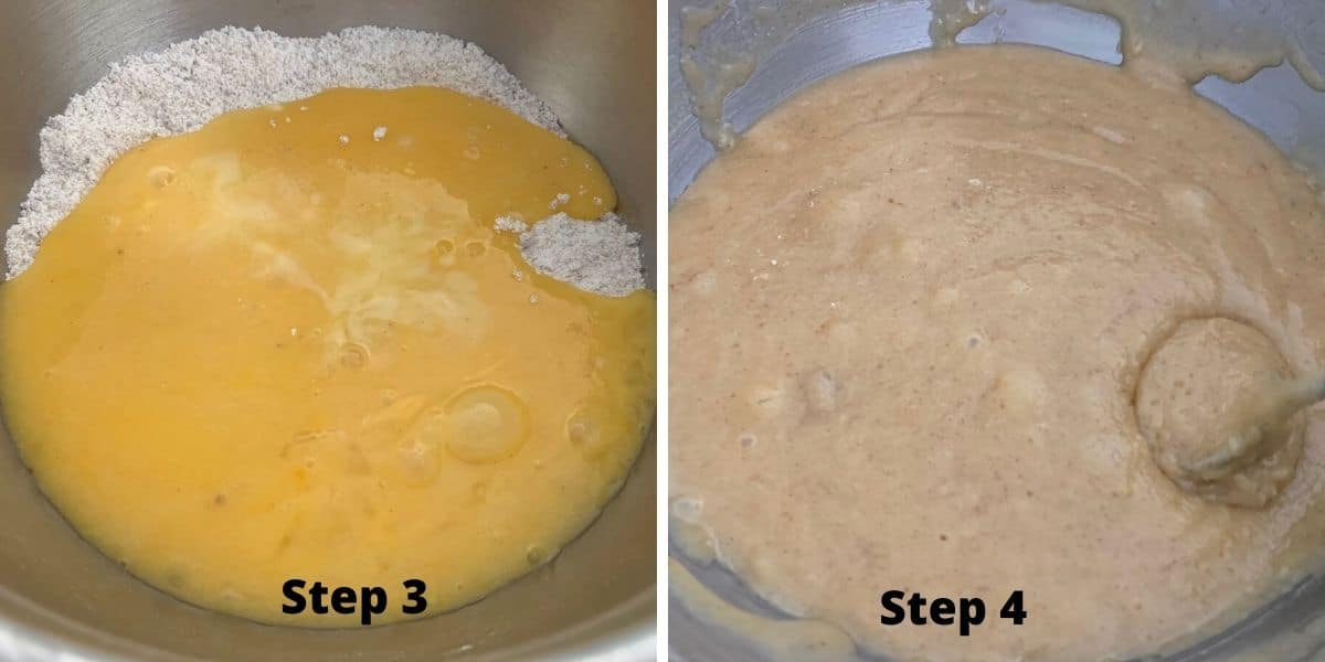 Photos of steps 3 and 4 making white chocolate brownies.
