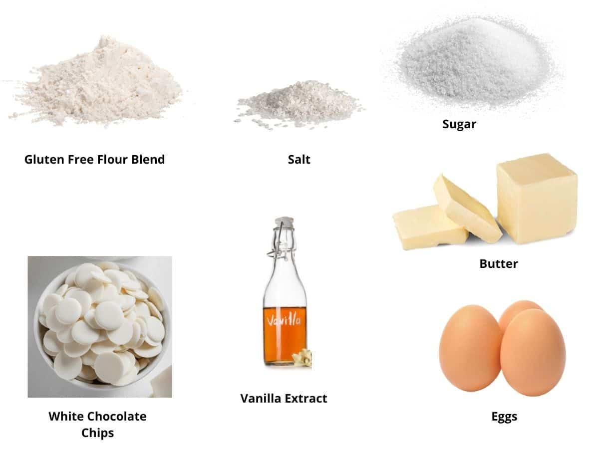 Photos of the white chocolate brownies ingredients.