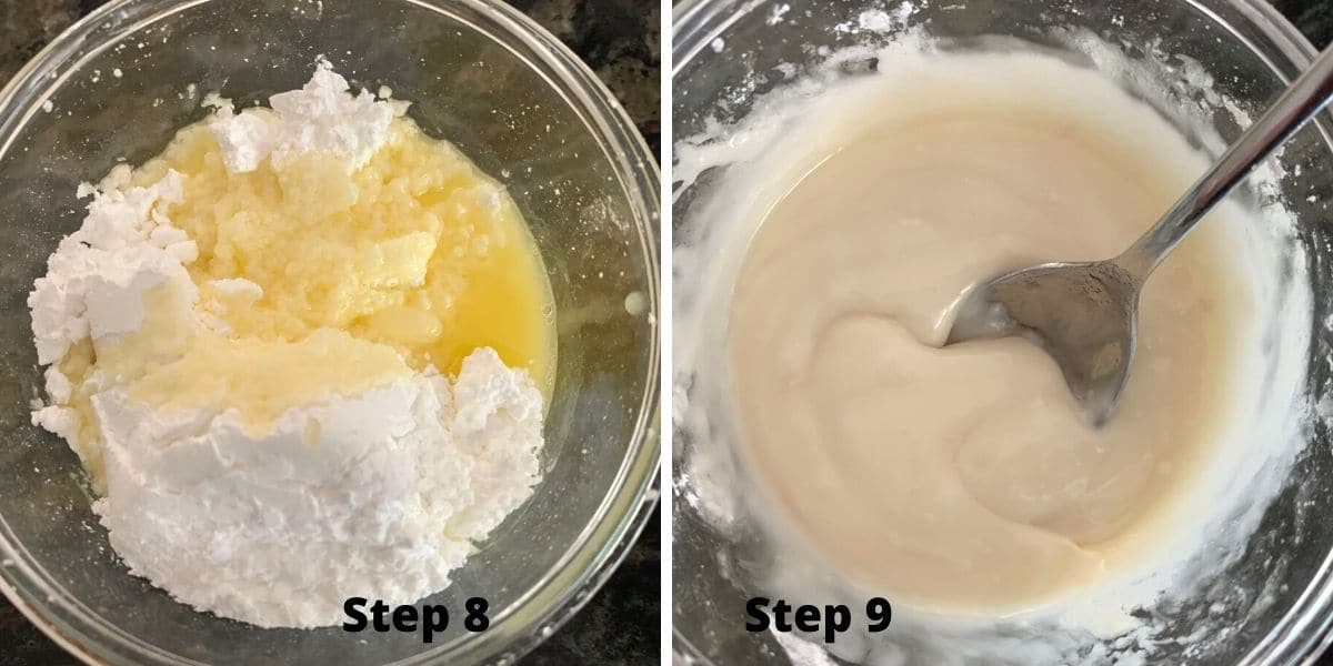 Photos of steps 8 and 9 making apple fritters glaze.