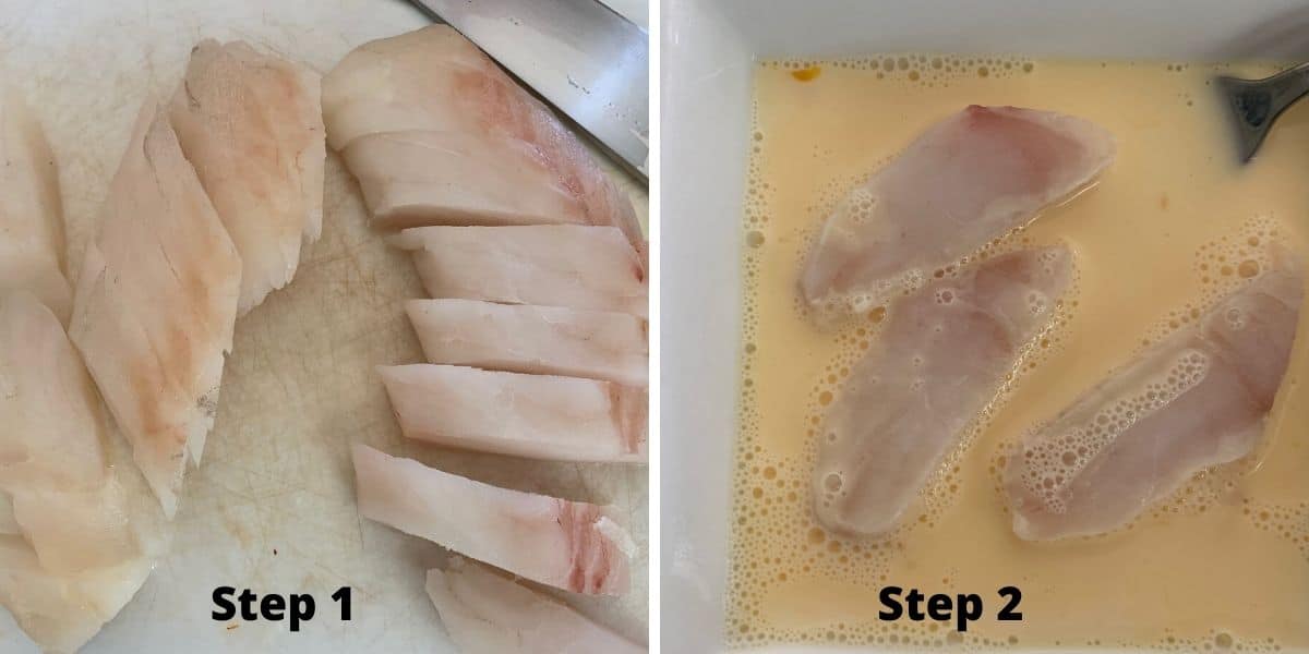 Photos of steps 1 and 2 making fish sticks.