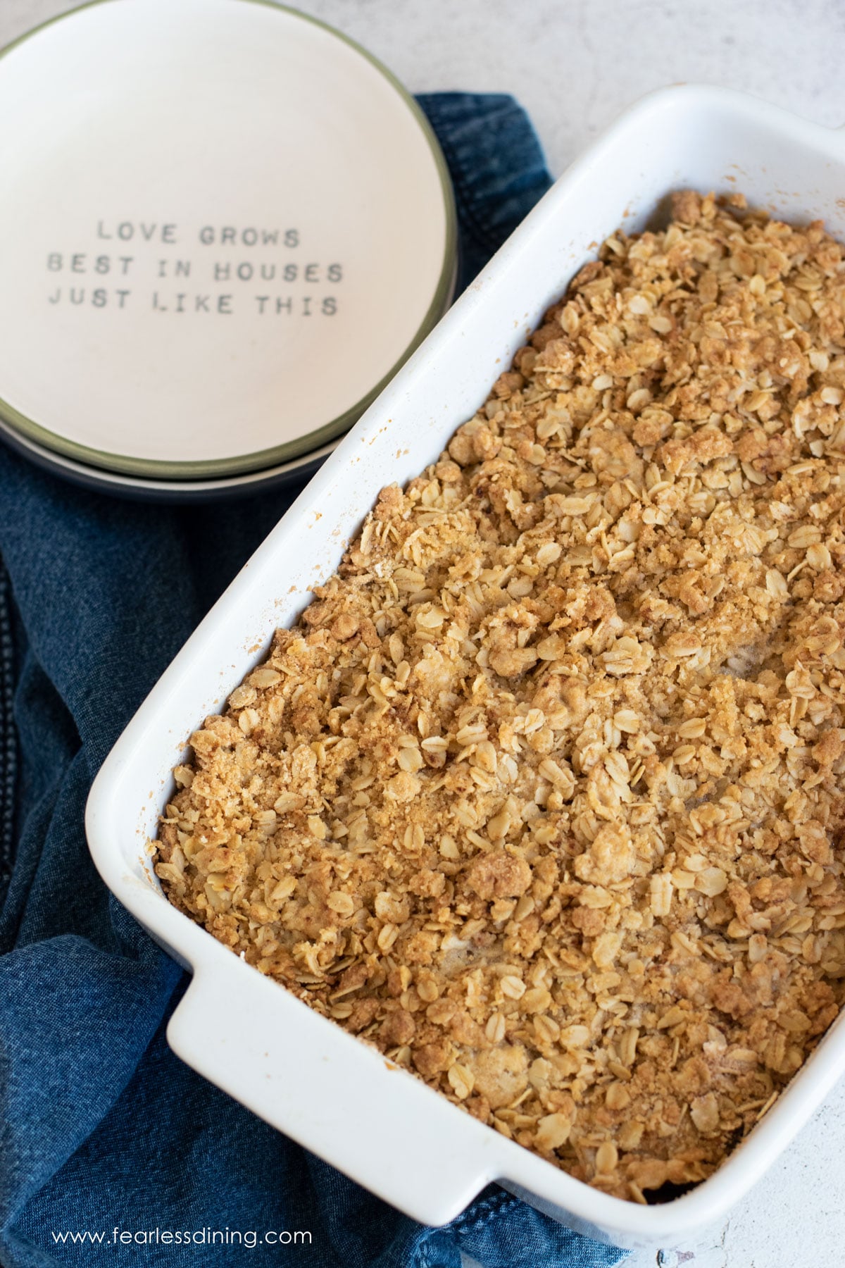 A 9x13 pan full of baked apple crisp.