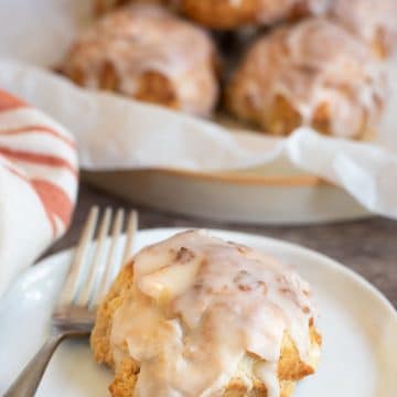 An apple fritter on a white plate.