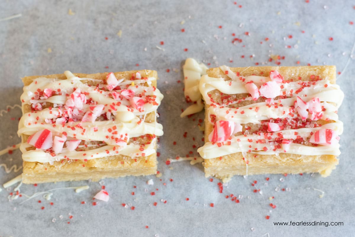 The top view of two decorated peppermint brownies.