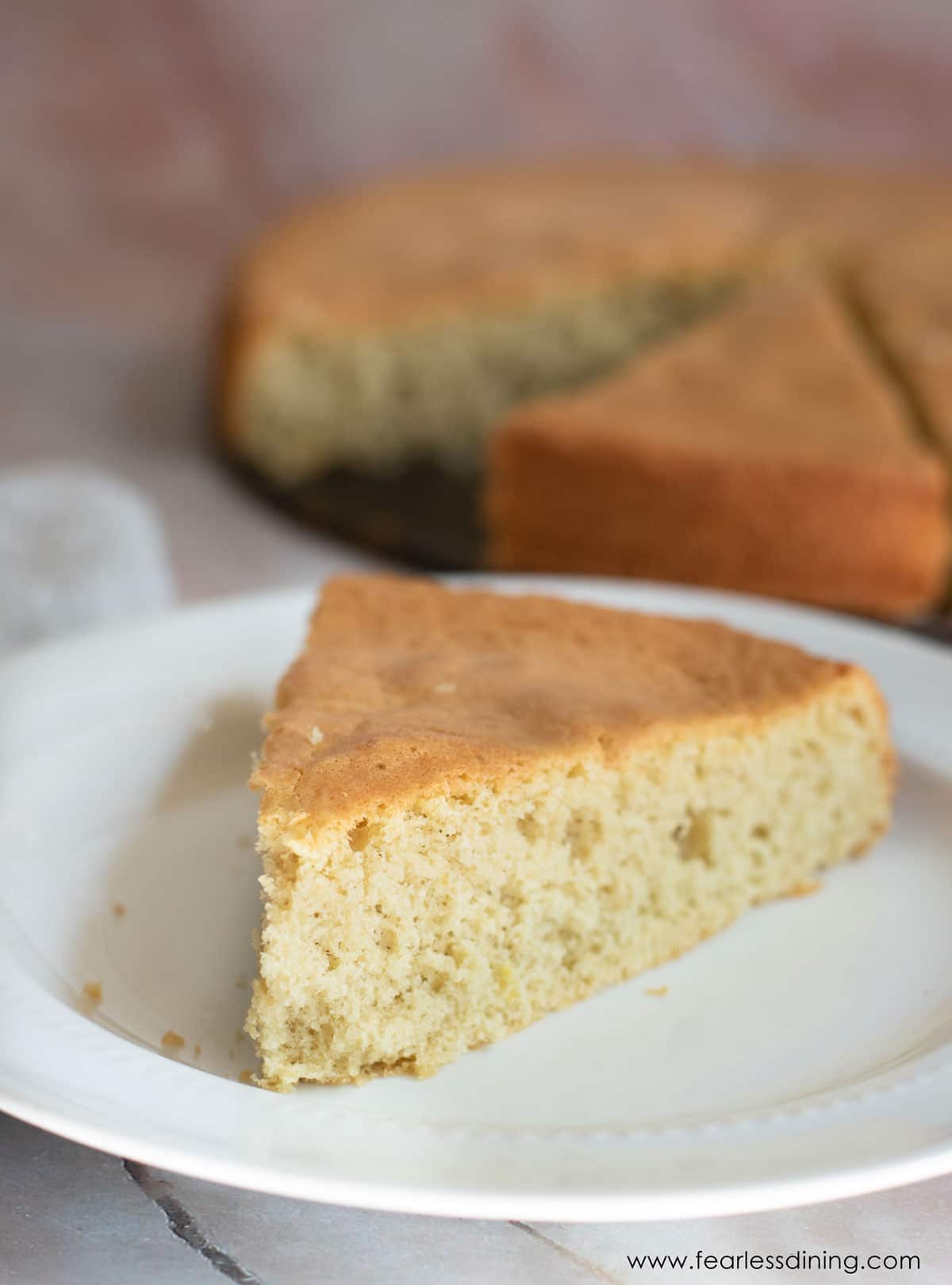 A slice of gluten free sponge cake on a white plate.