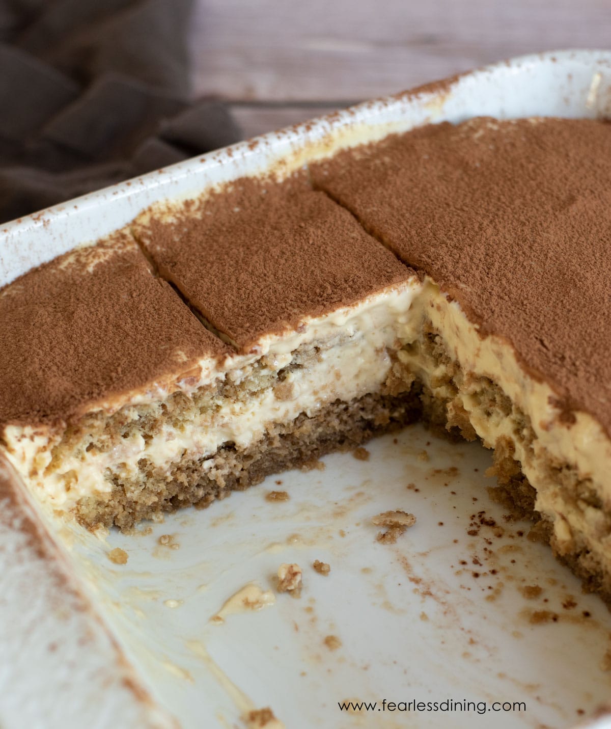 Gluten free tiramisu in a baking dish.