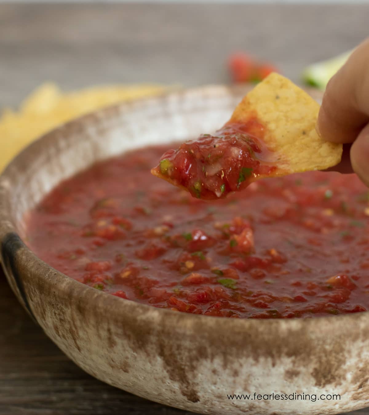 A chip full of salsa.