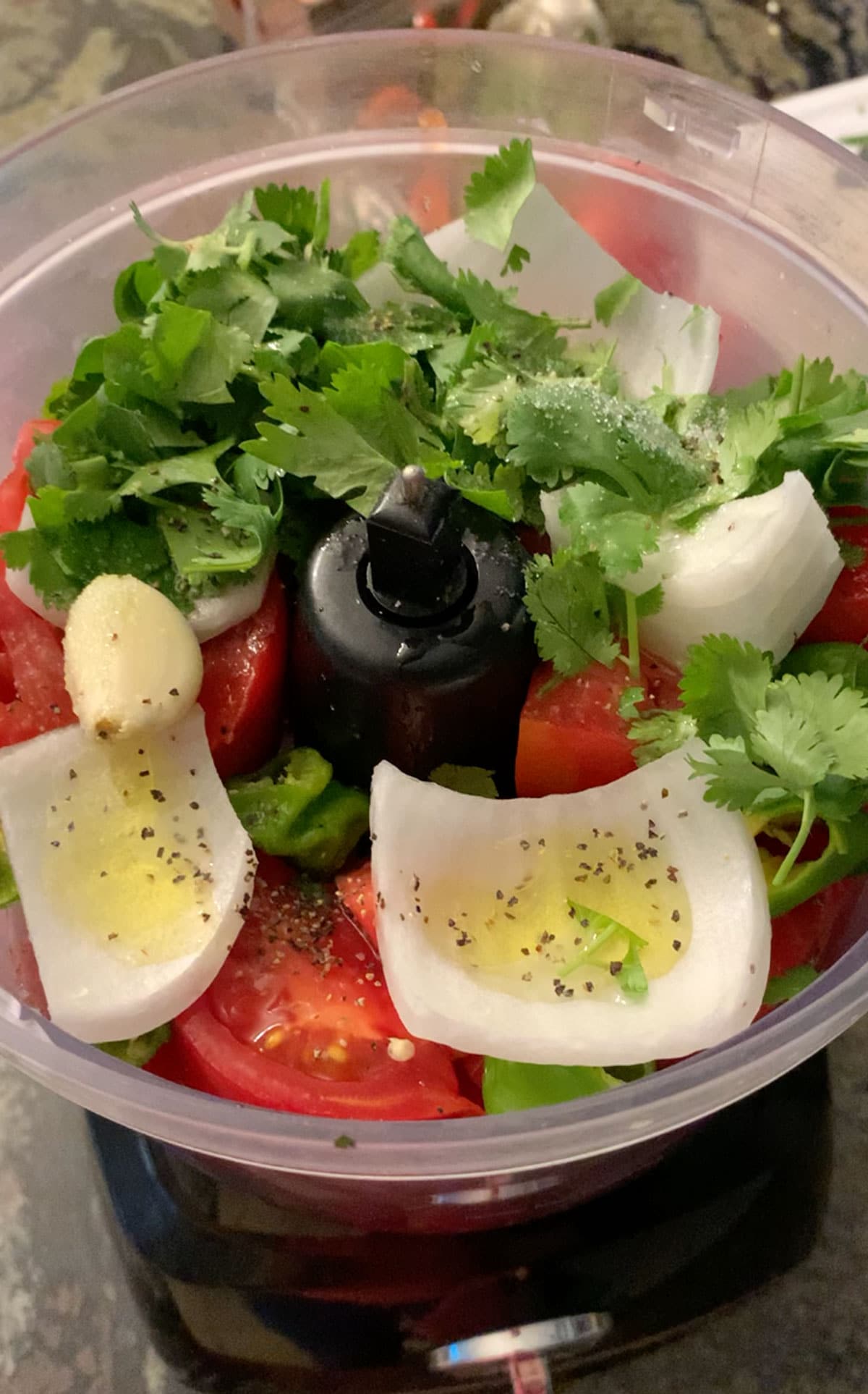 Salsa ingredients in the food processor.