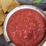 the top view of a bowl of padron pepper salsa