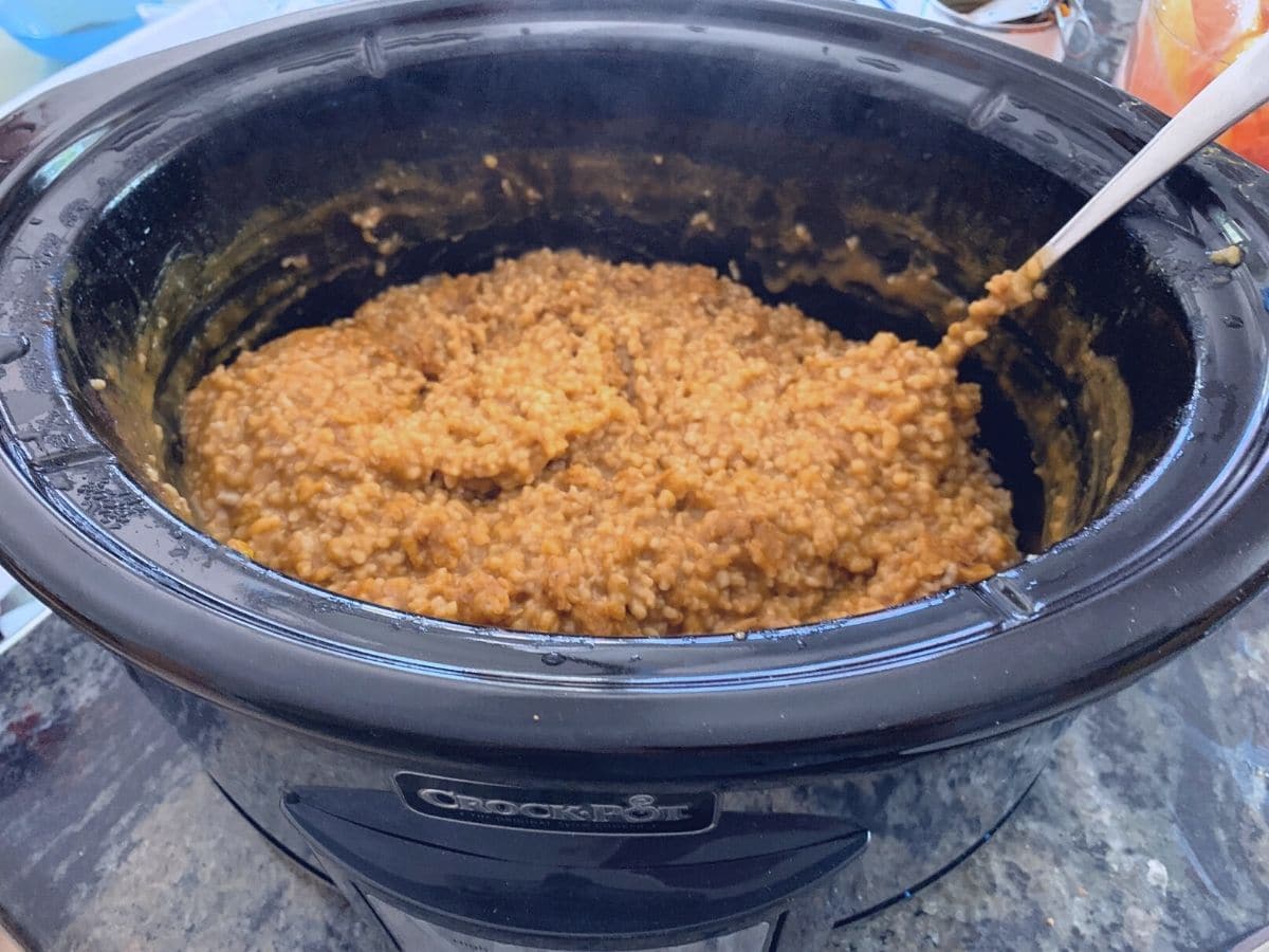 Cooked steel cut oats in the slow cooker.