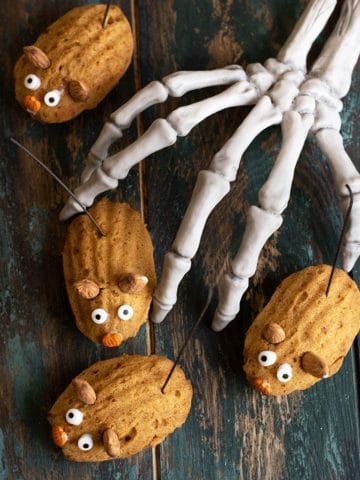 pumpkin madeleines decorated as Halloween mice