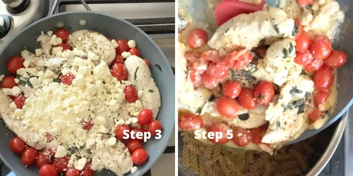 photos of steps 3 and 5 making the chicken pasta