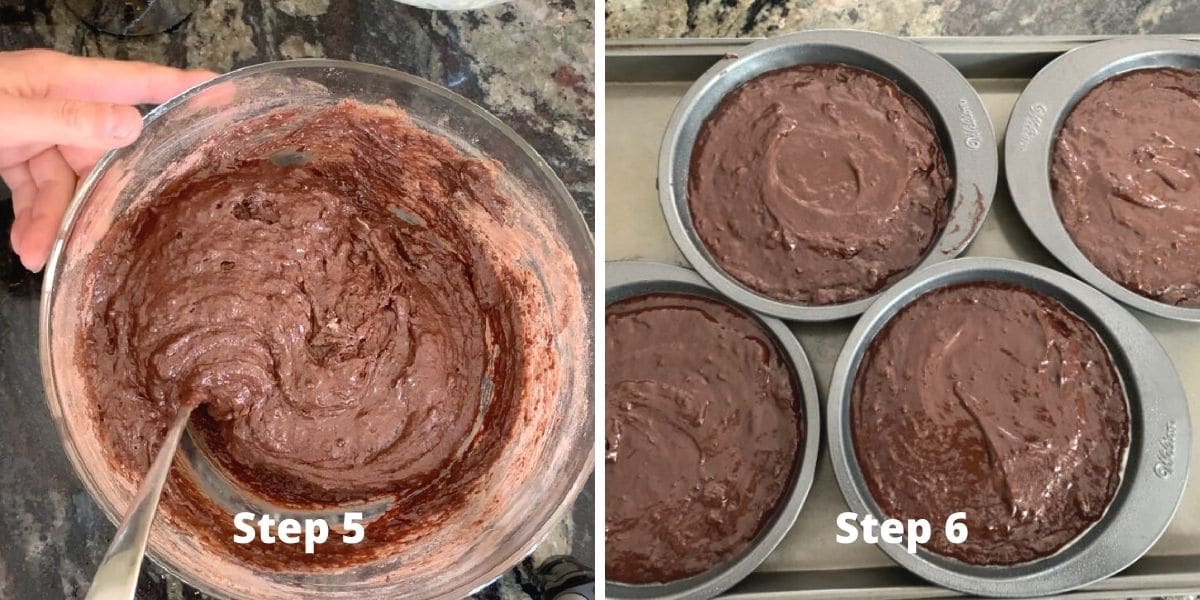 Photos of steps 5 and 6 making chocolate cake.