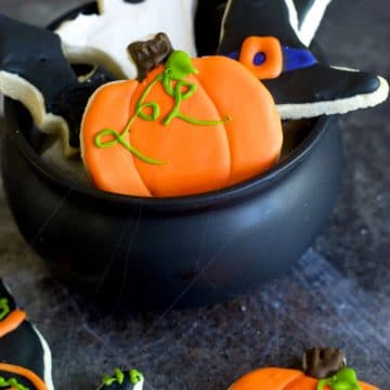 A cauldron full of Halloween cookies.
