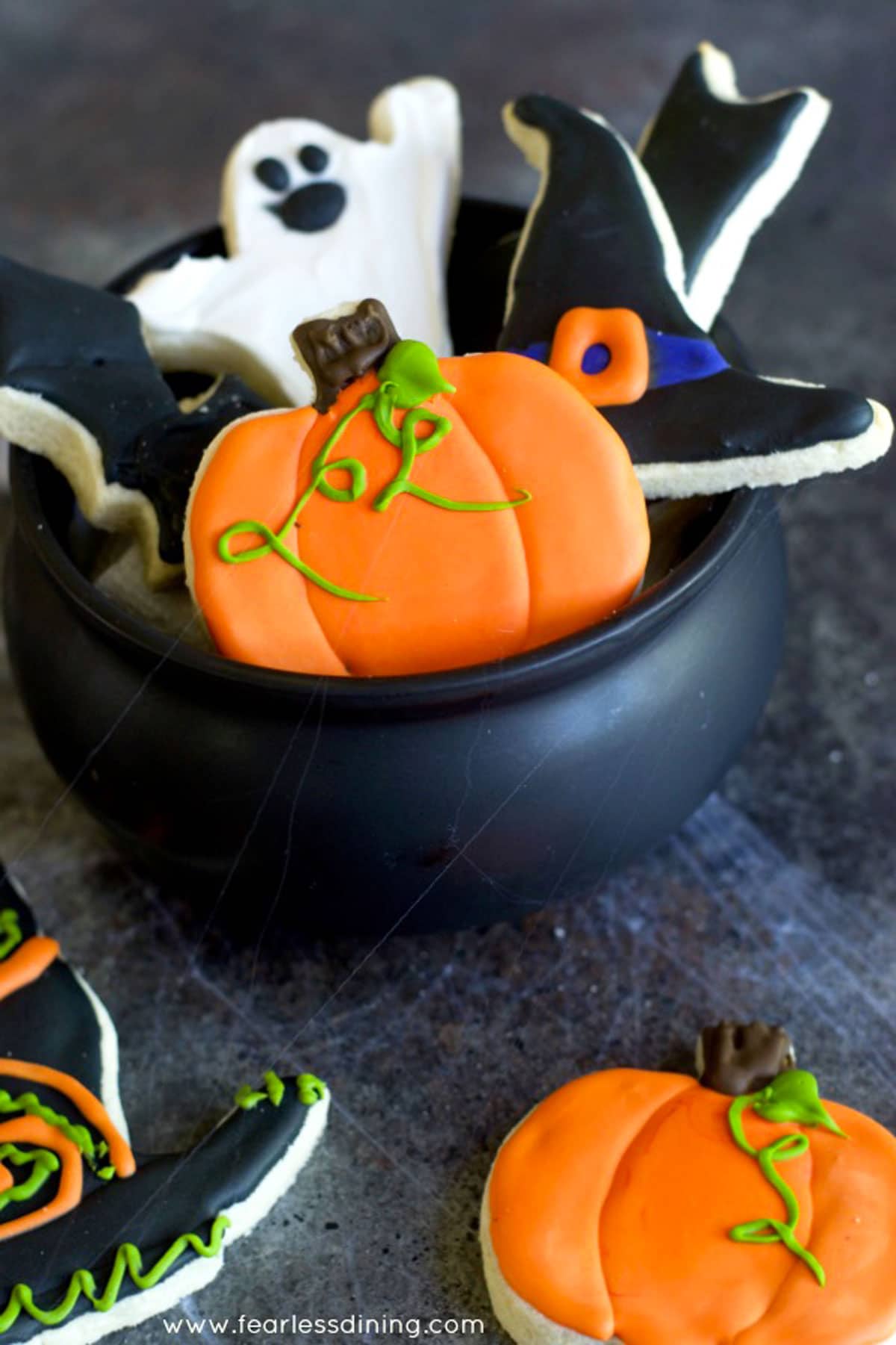 A cauldron full of Halloween cookies.