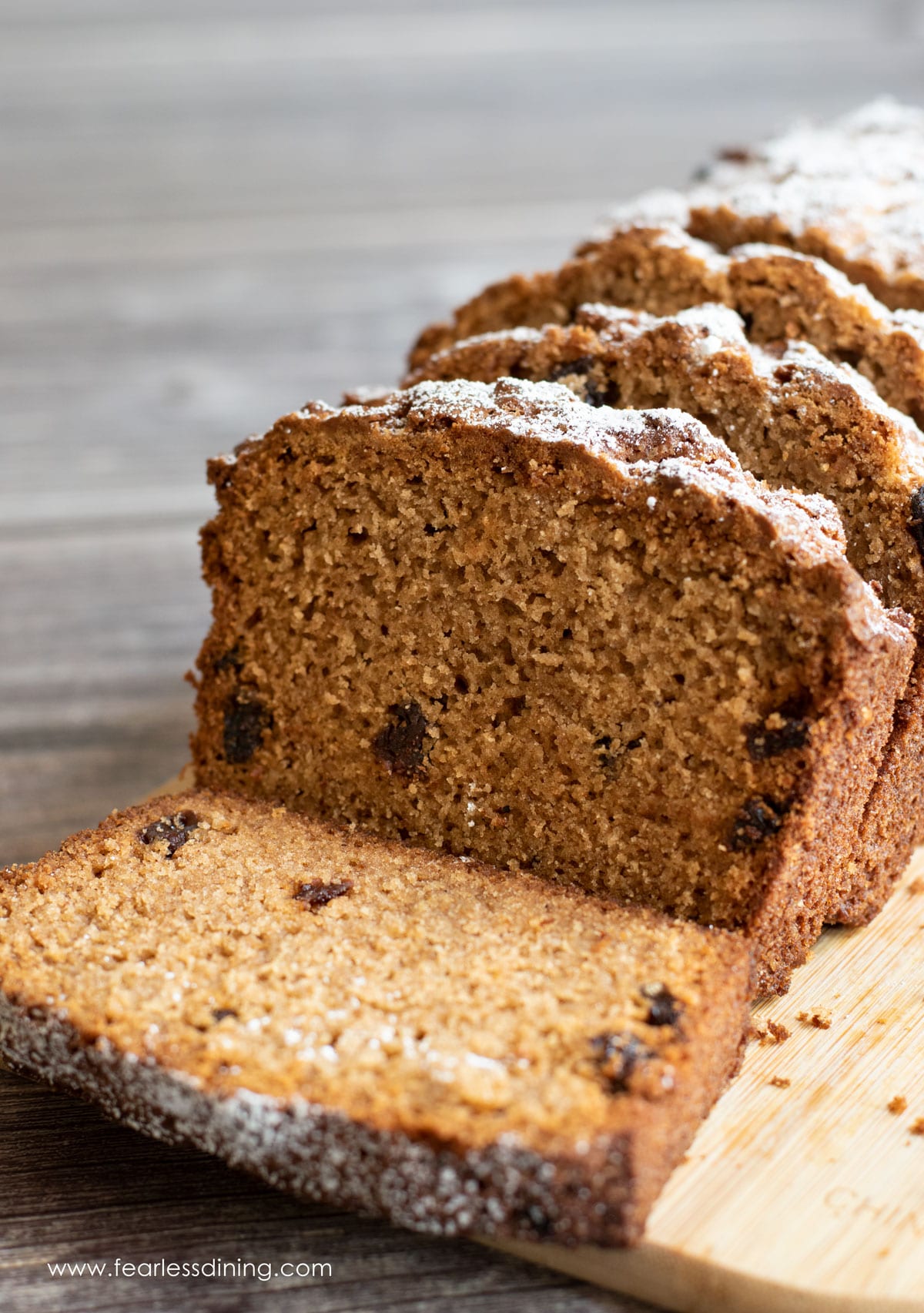 A sliced loaf of spice cake.