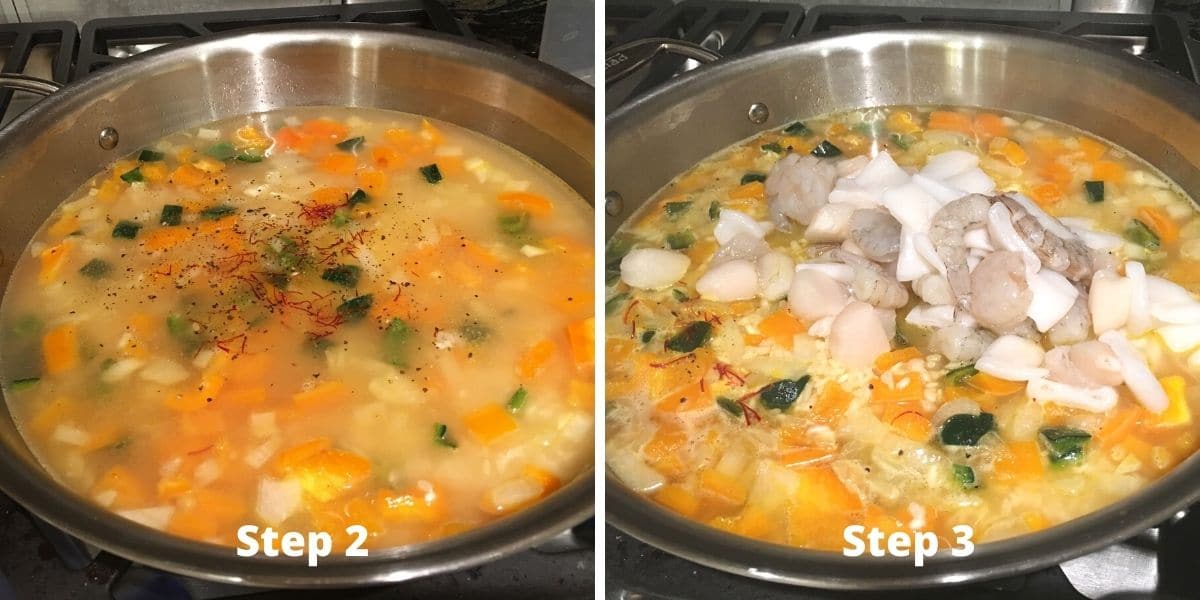 Photos of making paella steps 2 and 3.