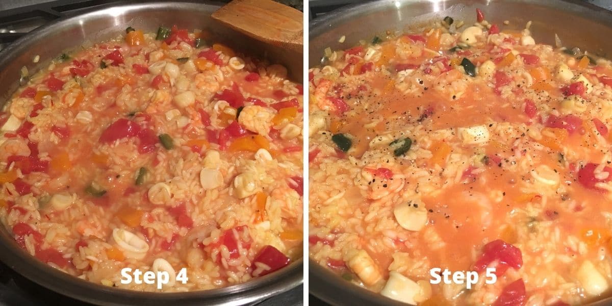 Photos of steps 4 and 5 making homemade gluten free paella.