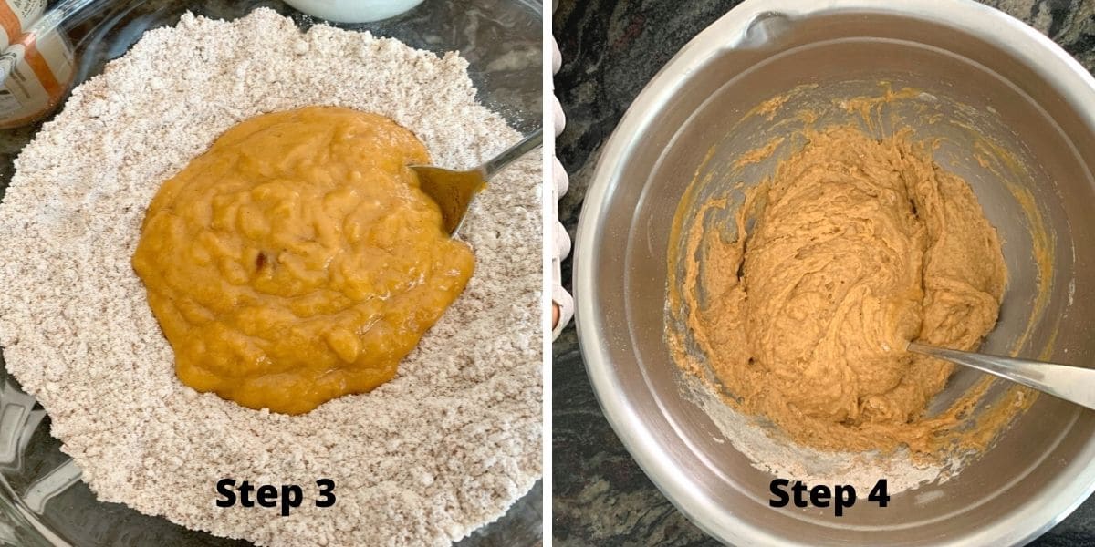 Photos of making the pumpkin coffee cake steps 3 and 2.