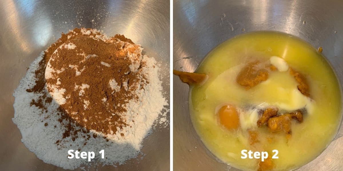 Photos of steps 1 and 2 making pumpkin cake bars.