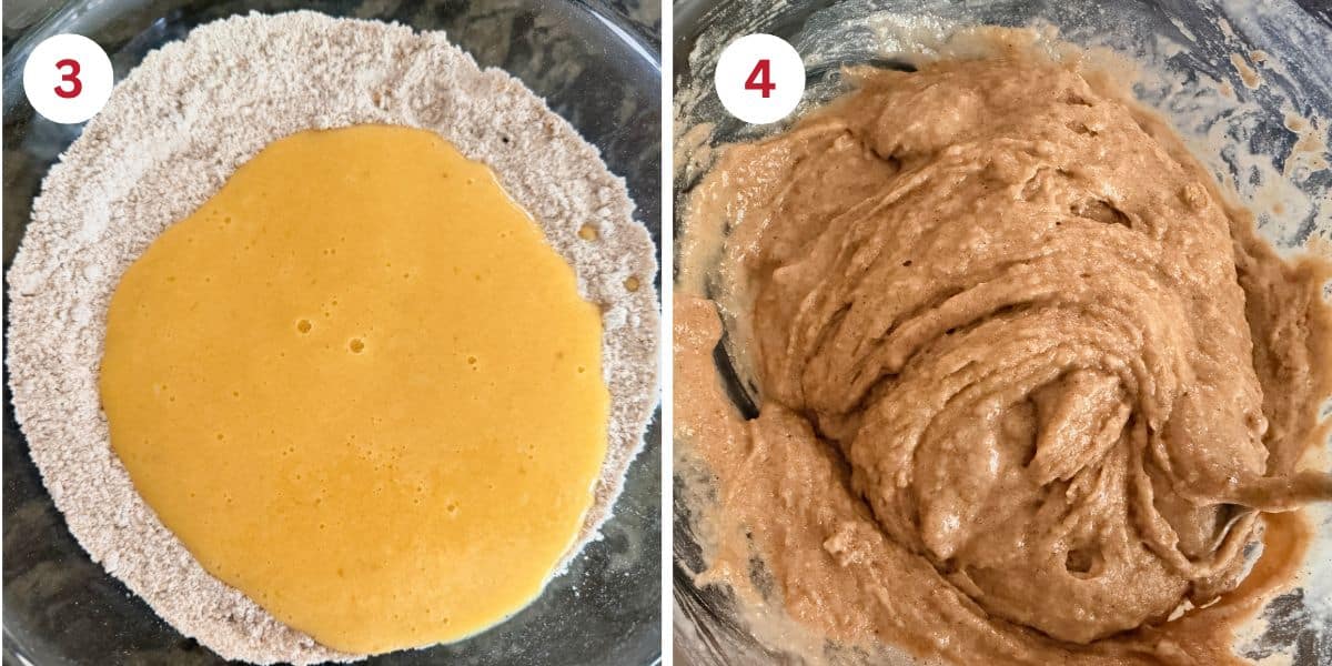 Photos mixing the wet and dry ingredients and of the batter in a mixing bowl.