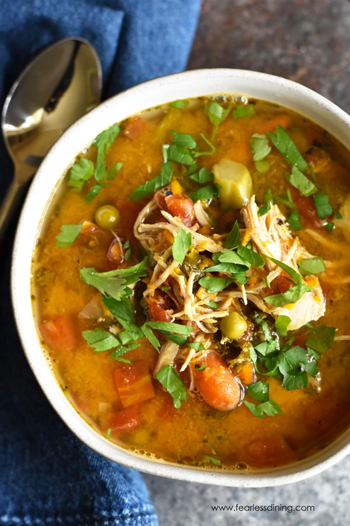 The top view of a white bowl filled with chicken vegetable soup.