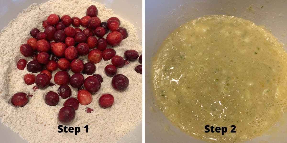 Photos of making the cranberry cake steps 1 and 2.