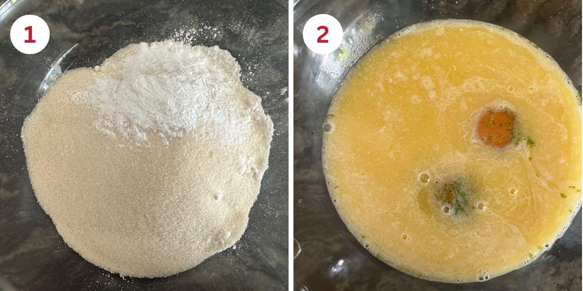 Photos of the wet and dry ingredients in separate mixing bowls.