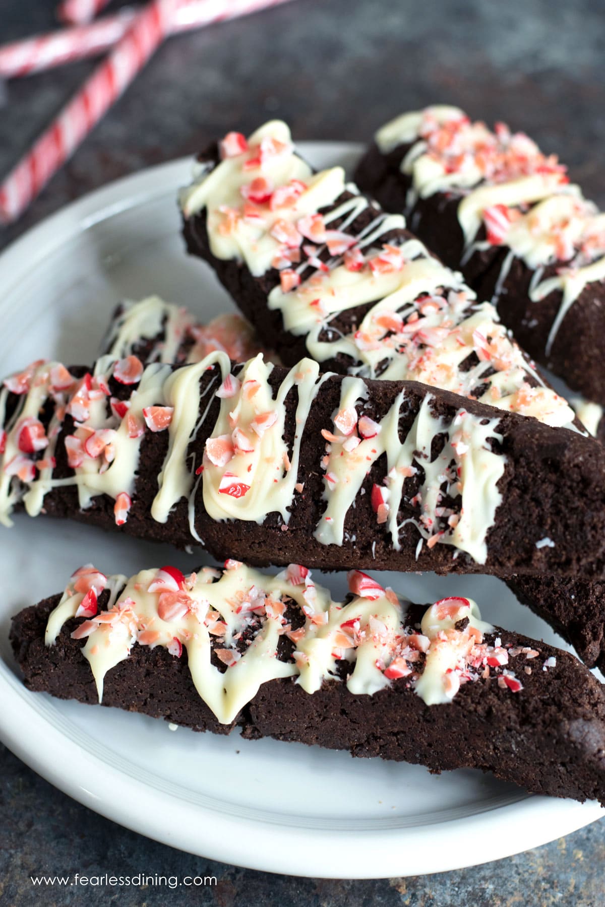 A plate with four gluten-free chocolate peppermint biscotti slices.