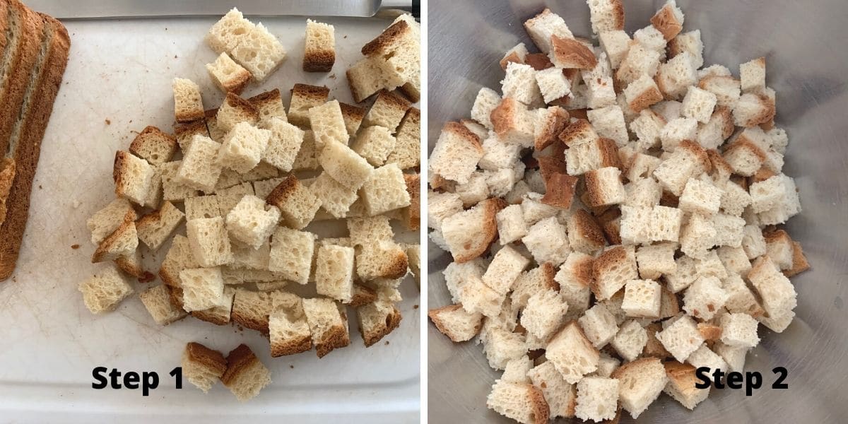 photos of steps 1 and 2 making homemade gluten free stuffing cubes