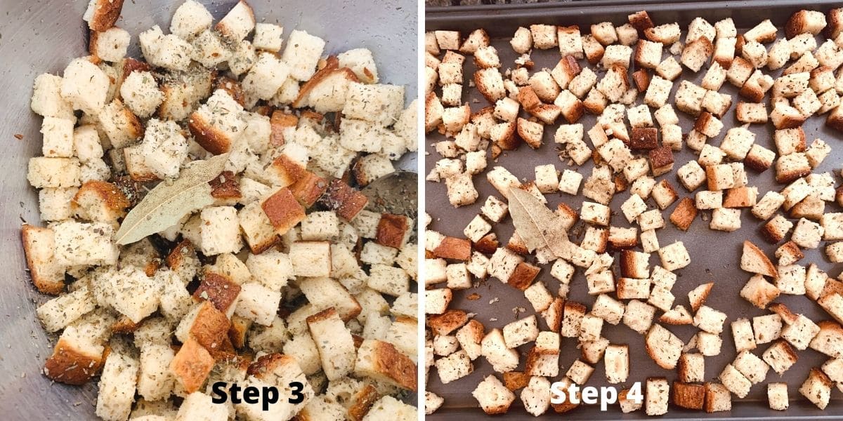 photos of steps 3 and 4 making homemade gluten free stuffing cubes