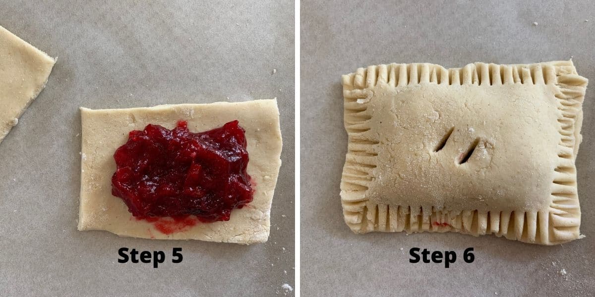 Photos of steps 5 and 6 making cranberry hand pies.