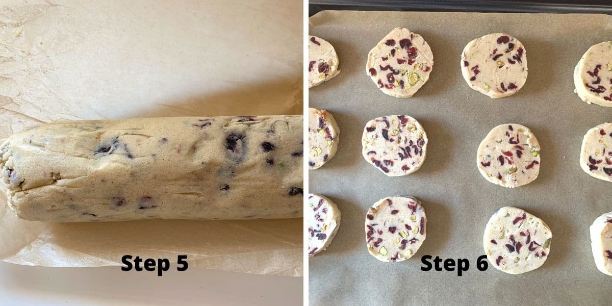 photos of steps 5 and 6 of making the cranberry shortbread cookies