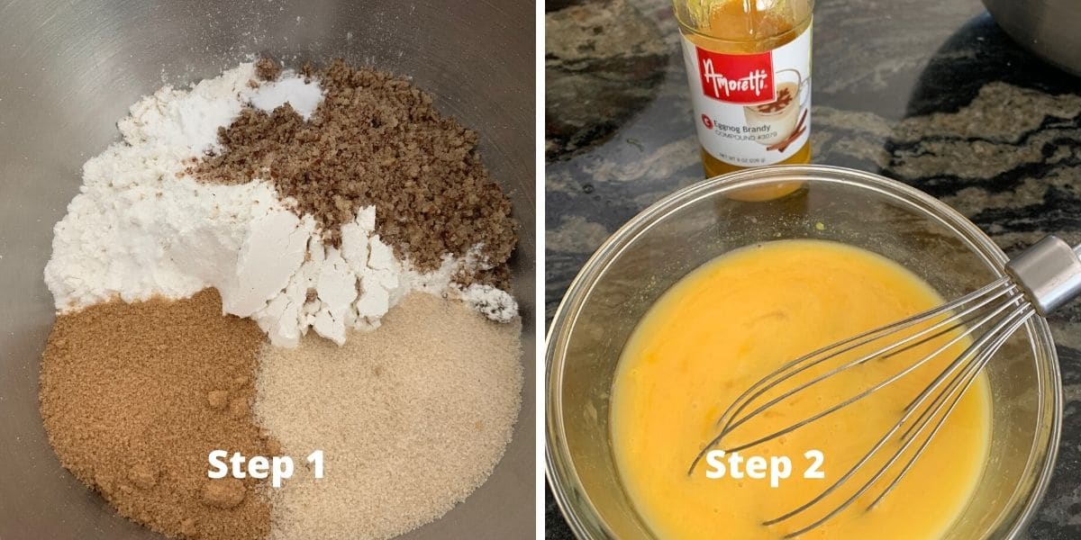 photos of the dry ingredients in a bowl and the wet ingredients mixed in another bowl