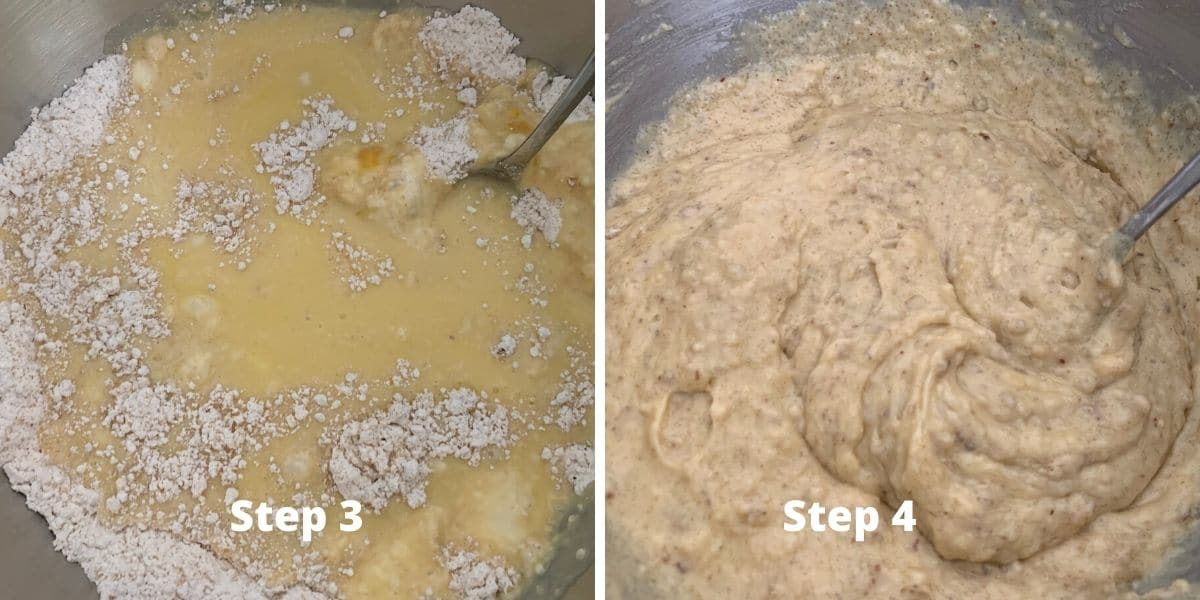 photos of the wet and dry ingredients being mixed together.