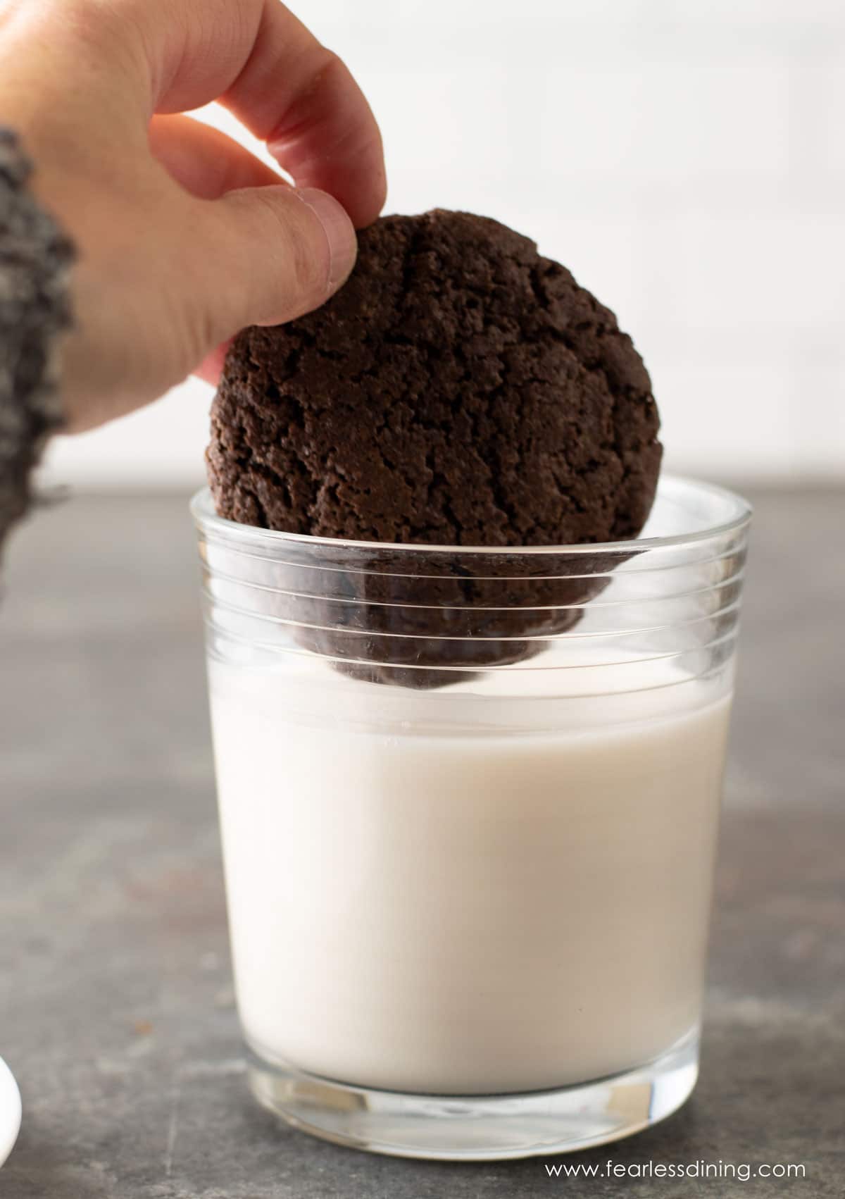 Dipping a chocolate cookie in a glass of milk.