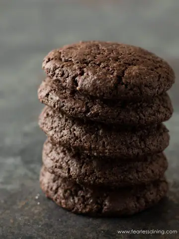 A stack of 5 fudgy gluten free chocolate cookies.