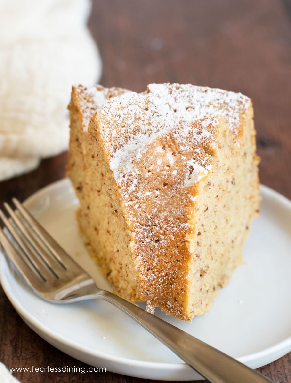 The front of a slice of eggnog bundt cake.