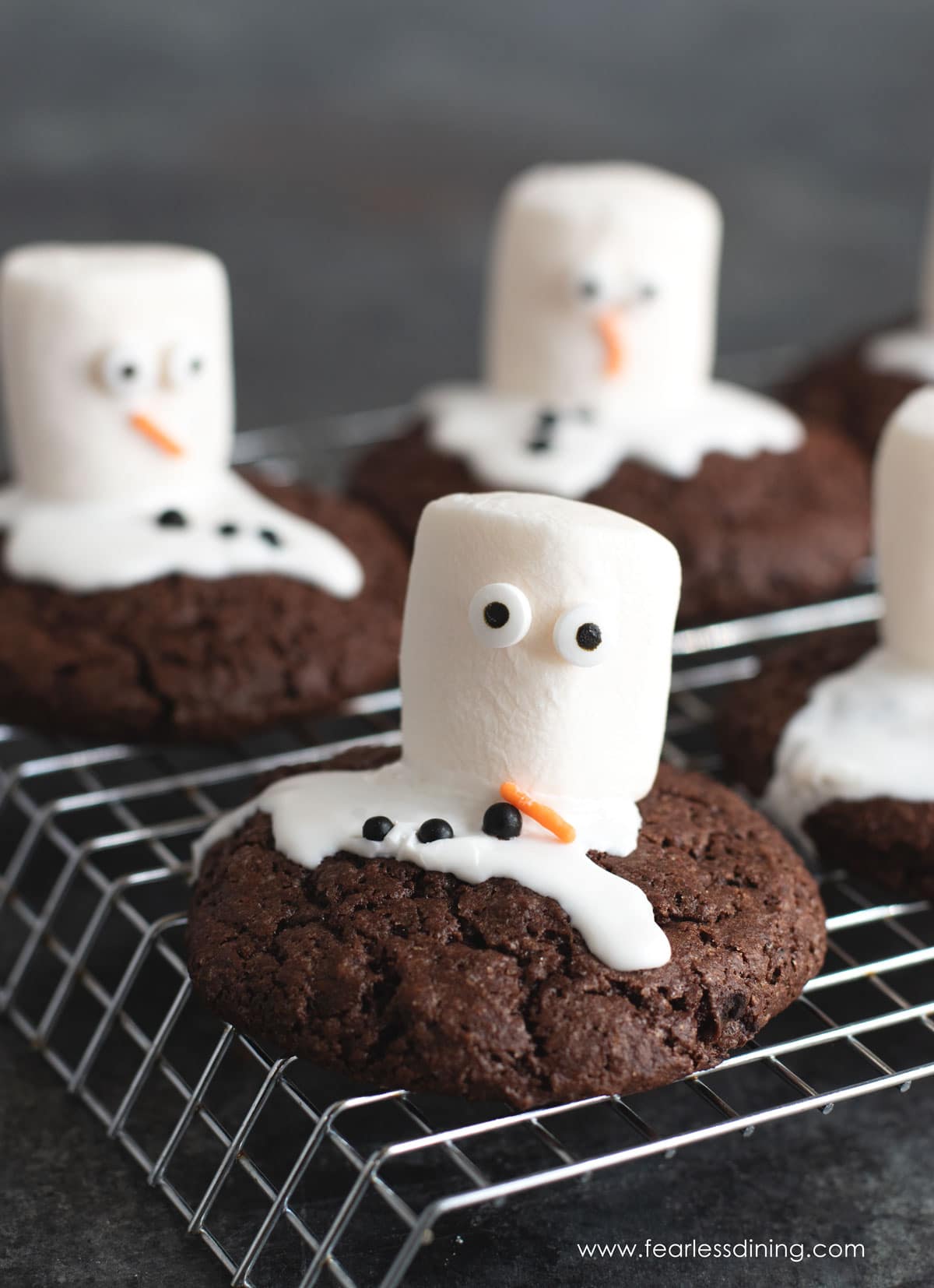 Some melted snowmen on the chocolate cookies.
