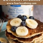 a pinterest collage pin image of a stack of oatmeal pancakes