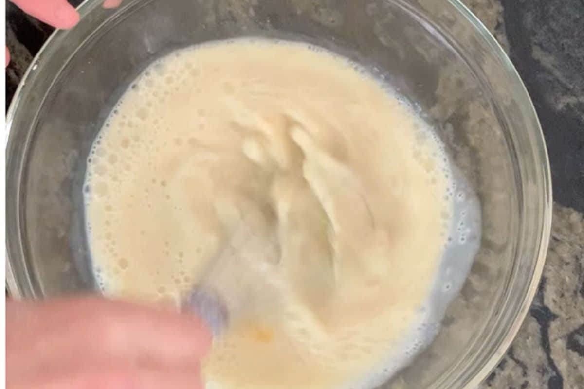 Whisking the oat pancake wet ingredients.