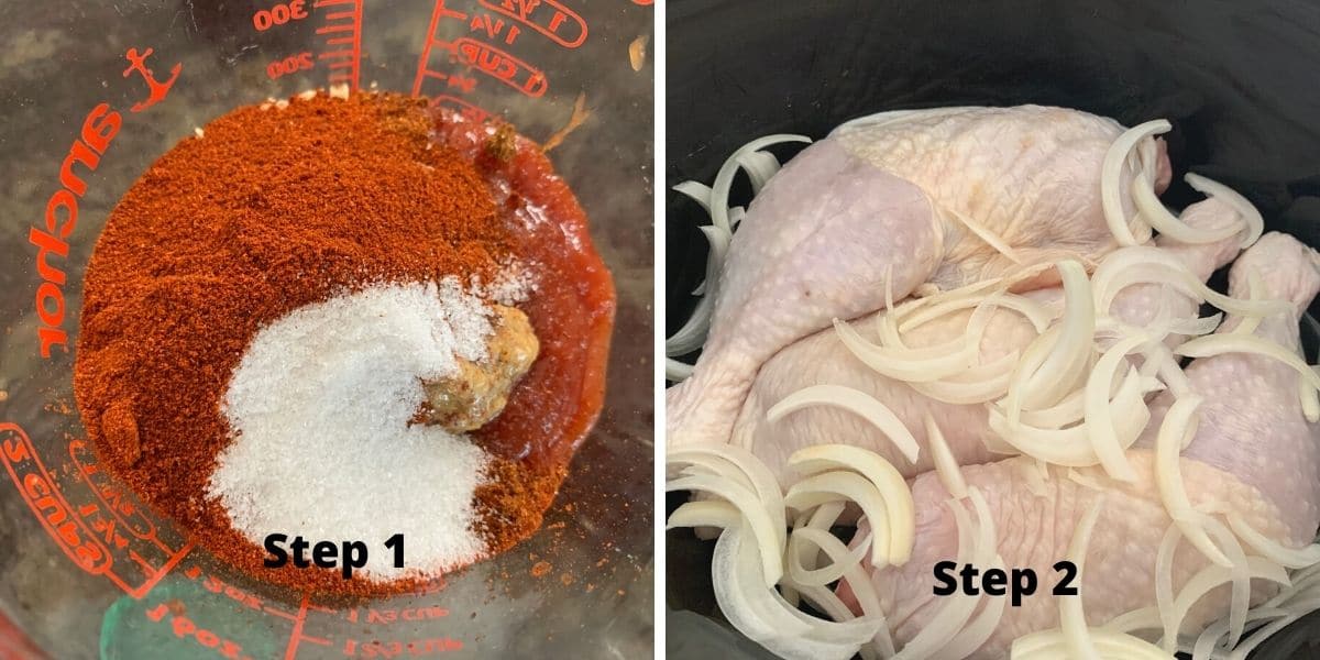 Photos of steps 1 and 2 making the slow cooker chicken.