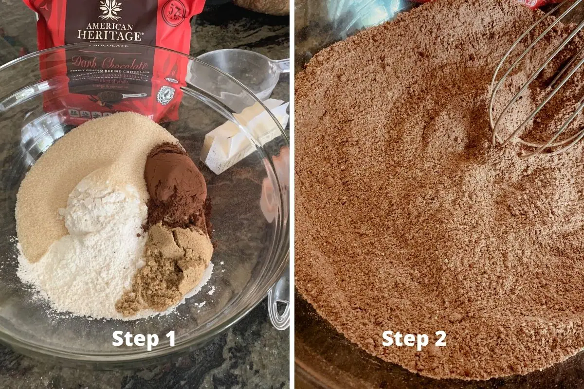 Adding the dry ingredients to a bowl and a photo showing the dry ingredients mixed.