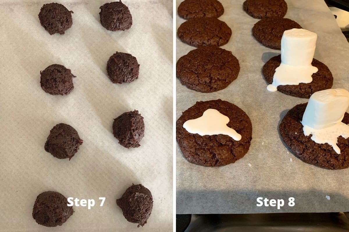 Photos of step 7 and 8 making chocolate melting snowman cookies.