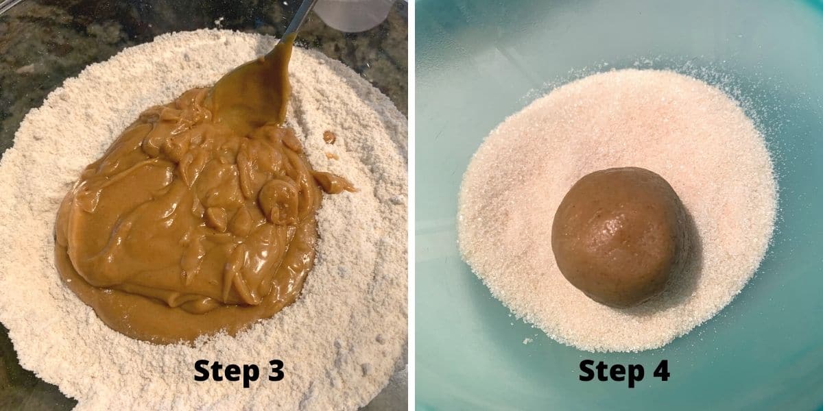 Photos of the wet and dry ingredients getting mixed and rolling a cookie in sugar.